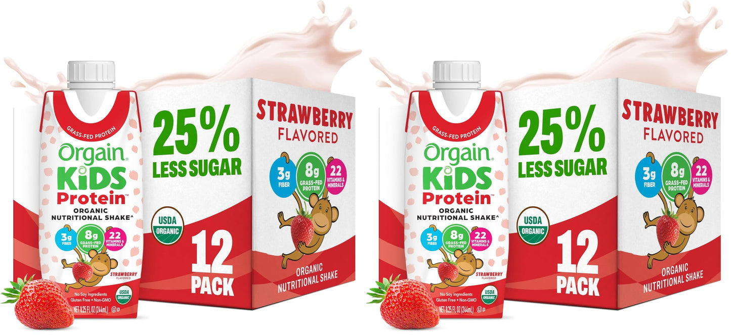 Orgain Organic Kids Nutritional Protein Shake, Vanilla, Healthy Kids Snacks, 8g Dairy Protein, 3g Fiber, 22 Vitamins & Minerals, No Soy ingredients, Gluten Free, Non-GMO, 8.25 Fl Oz (Pack of 12)