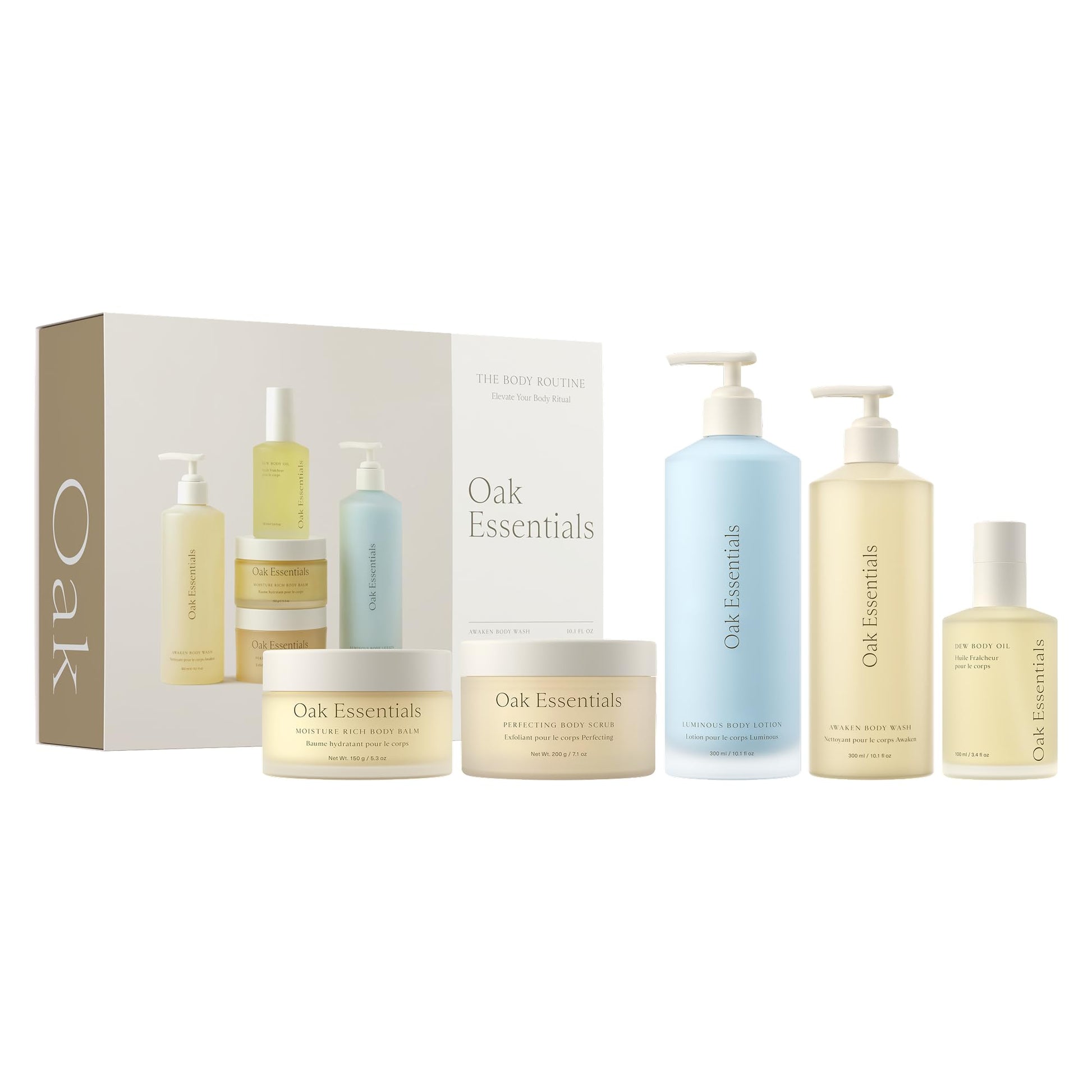 Oak Essentials The Body Routine Set | 5-Step Spa Kit with Blue Tansy Body Lotion, Body Oil, Wash, Scrub & Balm for Hydrated Skin