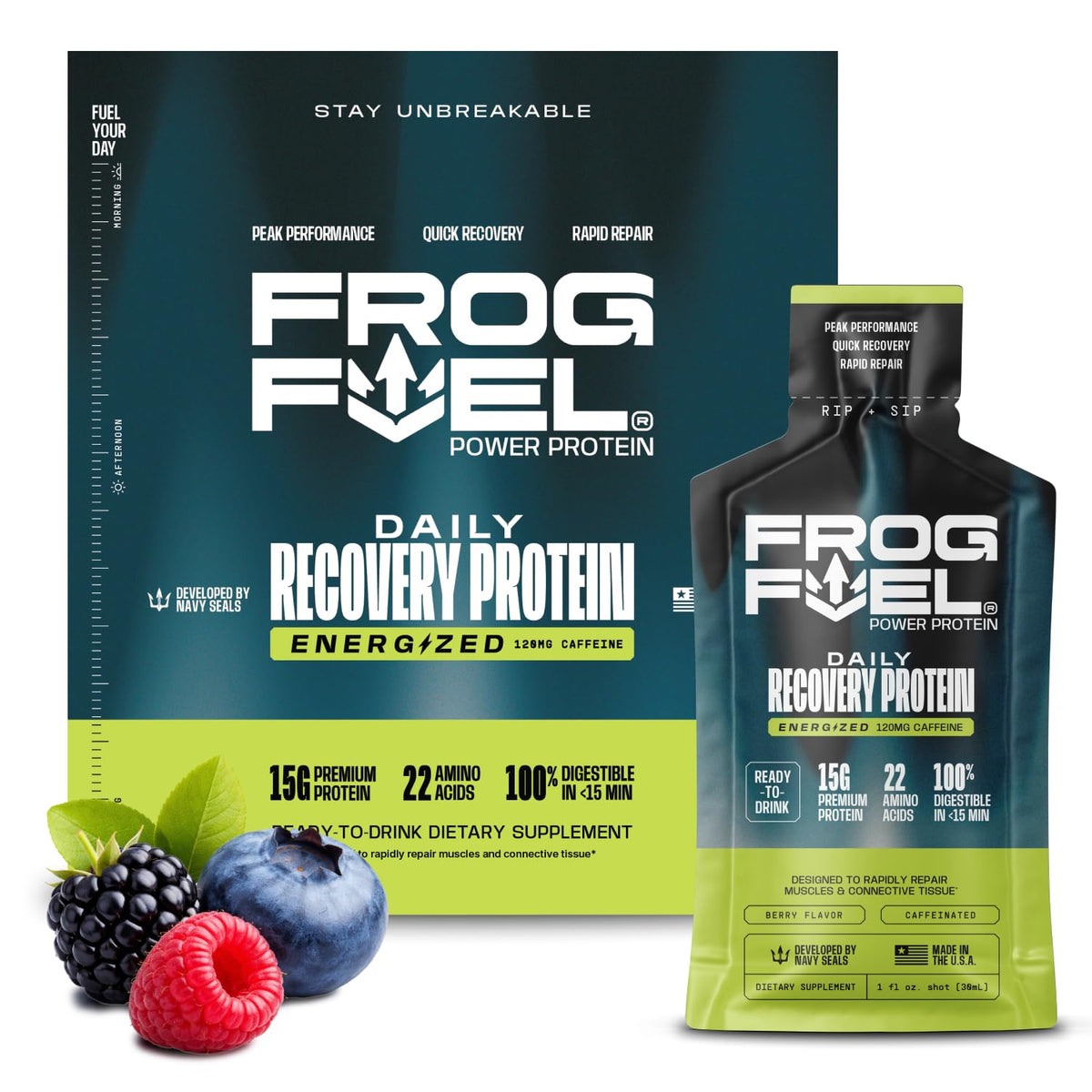 Frog Fuel Power Liquid Protein Shot, 15g Protein, Berry, 24 pk | Nano Hydrolyzed Grass Fed Collagen, Post Workout, 22 Amino Acids, Sugar & Fat Free, Gluten Free, 0 Carbs, 1 oz Shots