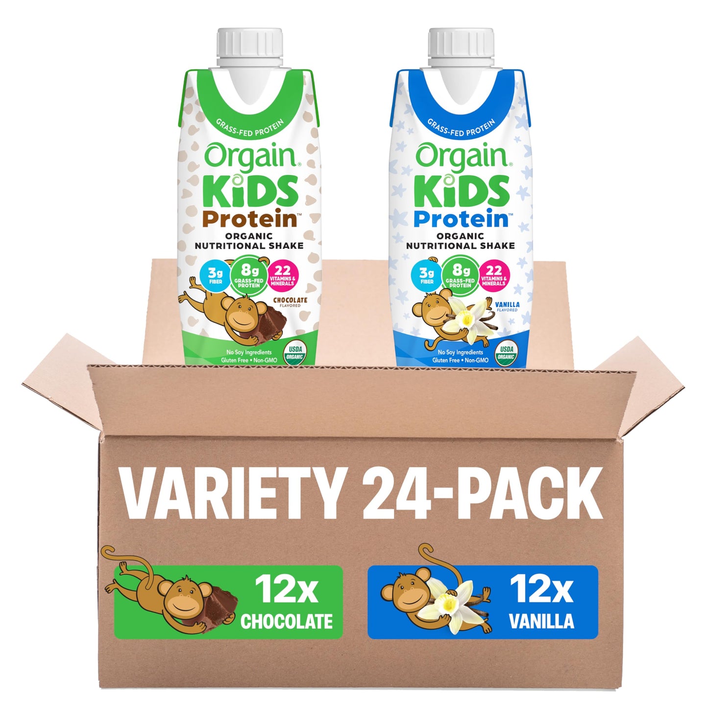 Orgain Organic Kids Nutritional Protein Shake, Vanilla, Healthy Kids Snacks, 8g Dairy Protein, 3g Fiber, 22 Vitamins & Minerals, No Soy ingredients, Gluten Free, Non-GMO, 8.25 Fl Oz (Pack of 12)