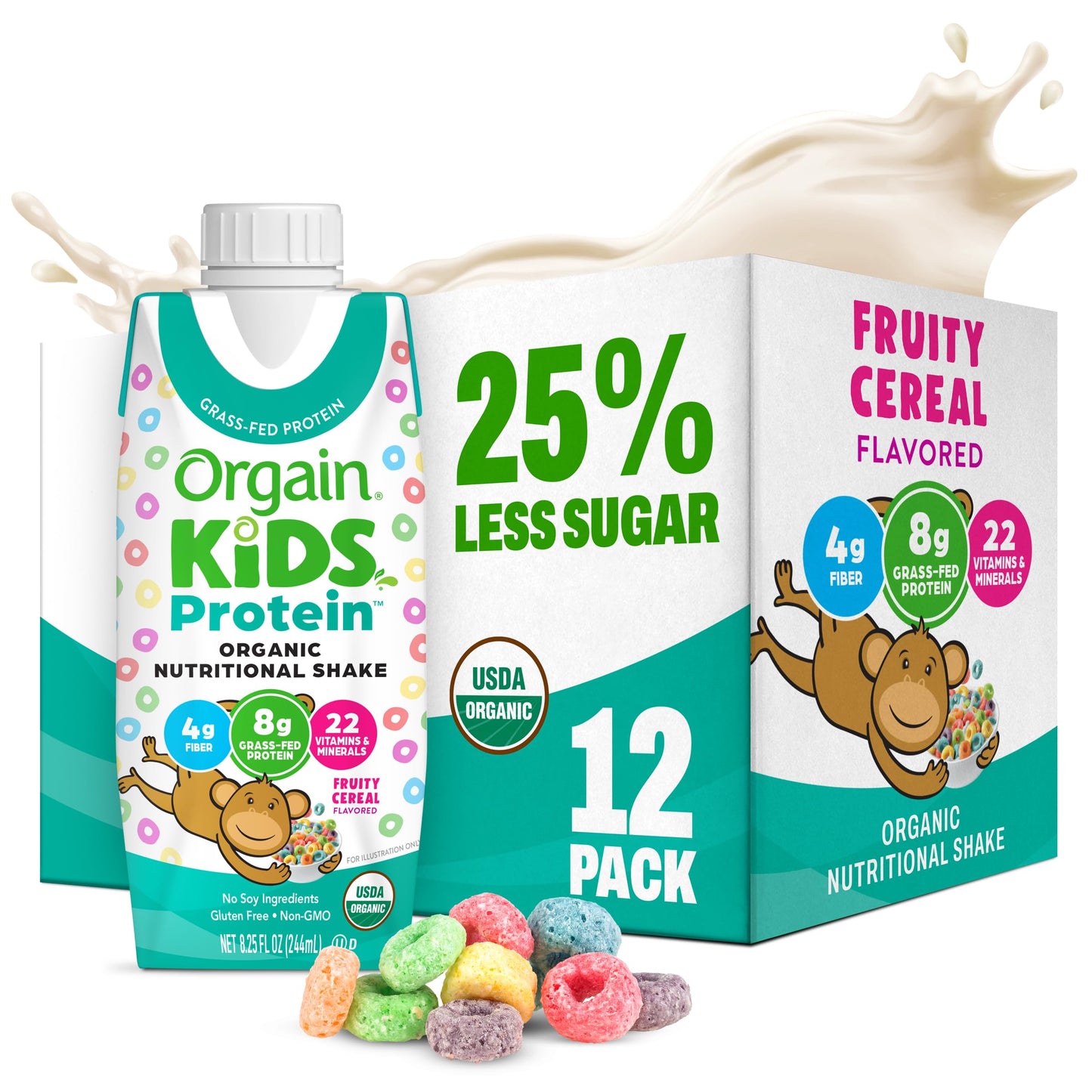 Orgain Organic Kids Nutritional Protein Shake, Vanilla, Healthy Kids Snacks, 8g Dairy Protein, 3g Fiber, 22 Vitamins & Minerals, No Soy ingredients, Gluten Free, Non-GMO, 8.25 Fl Oz (Pack of 12)