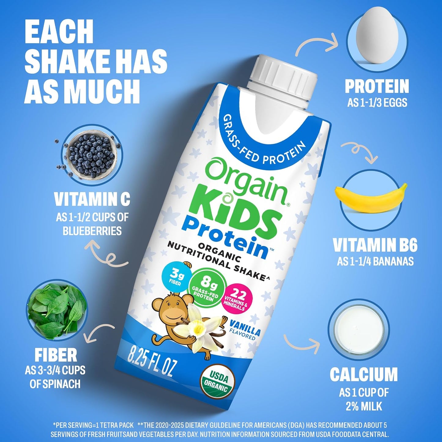 Orgain Organic Kids Nutritional Protein Shake, Vanilla, Healthy Kids Snacks, 8g Dairy Protein, 3g Fiber, 22 Vitamins & Minerals, No Soy ingredients, Gluten Free, Non-GMO, 8.25 Fl Oz (Pack of 12)
