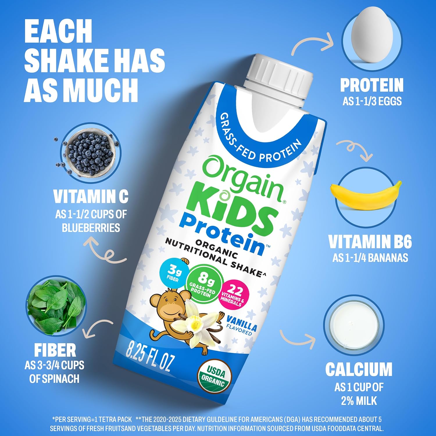 Orgain Organic Kids Nutritional Protein Shake, Vanilla, Healthy Kids Snacks, 8g Dairy Protein, 3g Fiber, 22 Vitamins & Minerals, No Soy ingredients, Gluten Free, Non-GMO, 8.25 Fl Oz (Pack of 12)