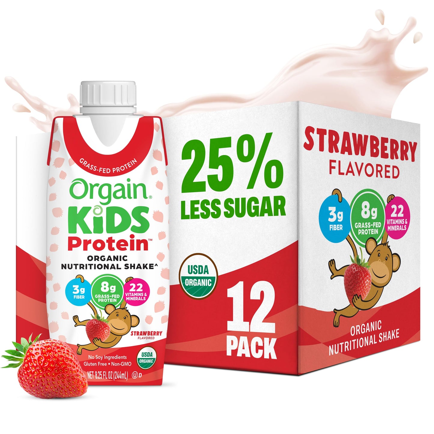Orgain Organic Kids Nutritional Protein Shake, Vanilla, Healthy Kids Snacks, 8g Dairy Protein, 3g Fiber, 22 Vitamins & Minerals, No Soy ingredients, Gluten Free, Non-GMO, 8.25 Fl Oz (Pack of 12)