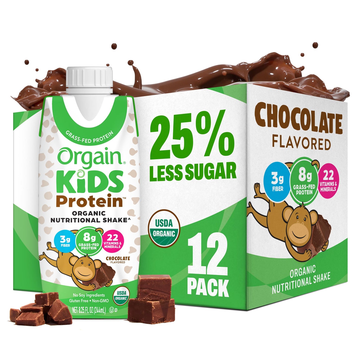 Orgain Organic Kids Nutritional Protein Shake, Vanilla, Healthy Kids Snacks, 8g Dairy Protein, 3g Fiber, 22 Vitamins & Minerals, No Soy ingredients, Gluten Free, Non-GMO, 8.25 Fl Oz (Pack of 12)