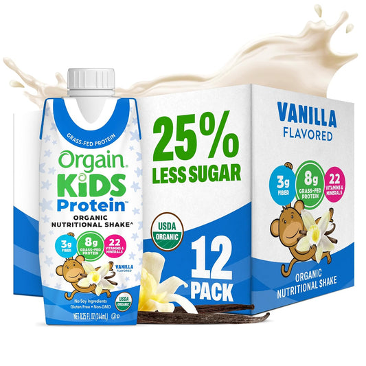Orgain Organic Kids Nutritional Protein Shake, Vanilla, Healthy Kids Snacks, 8g Dairy Protein, 3g Fiber, 22 Vitamins & Minerals, No Soy ingredients, Gluten Free, Non-GMO, 8.25 Fl Oz (Pack of 12)