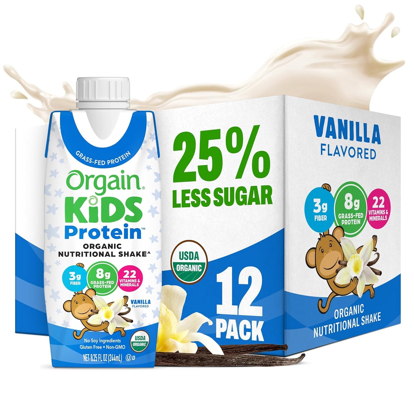 Orgain Organic Kids Nutritional Protein Shake, Vanilla, Healthy Kids Snacks, 8g Dairy Protein, 3g Fiber, 22 Vitamins & Minerals, No Soy ingredients, Gluten Free, Non-GMO, 8.25 Fl Oz (Pack of 12)