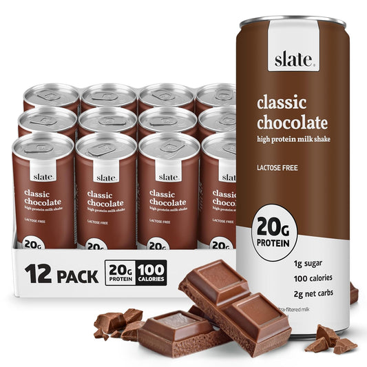 Slate Milk High Protein Milk Shake (Classic Chocolate) 12 Cans, 11 fl oz | Lactose Free - 20g Protein - 1g Sugar - 100 Calories - 2g Net Carbs - No Added Sugar - Natural, Breakfast Boost, Post Workout