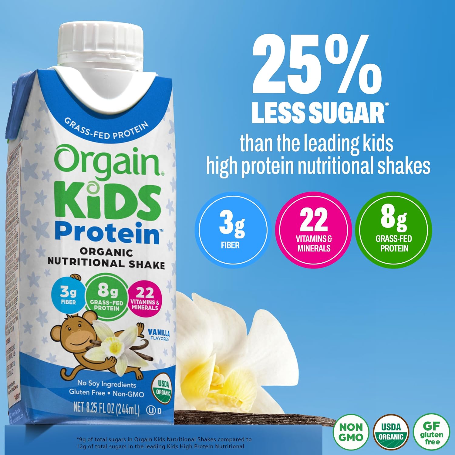 Orgain Organic Kids Nutritional Protein Shake, Vanilla, Healthy Kids Snacks, 8g Dairy Protein, 3g Fiber, 22 Vitamins & Minerals, No Soy ingredients, Gluten Free, Non-GMO, 8.25 Fl Oz (Pack of 12)