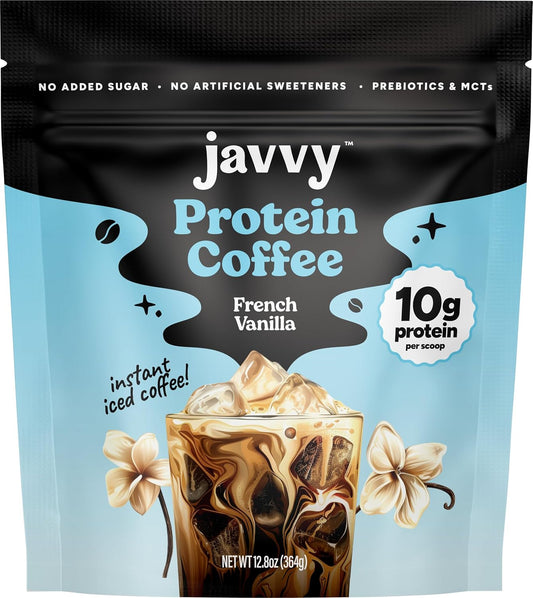 Javvy Iced Protein Coffee with Whey Protein Powder, French Vanilla V3 | 10g Whey Protein, 100% Natural Cold Brew, Zero Artificial Flavors & Sweeteners, 80mg Caffeine, No Added Sugar