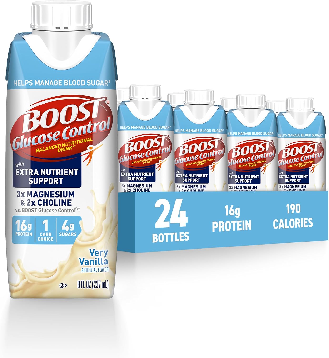 BOOST Glucose Control Ready to Drink Nutritional Drinks with Extra Nutrient Support Drink, Very Vanilla, Carton, 8 Fl Oz, Pack of 24