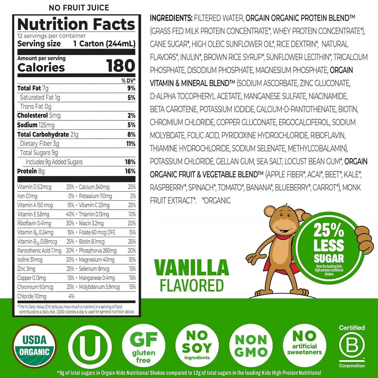 Orgain Organic Kids Nutritional Protein Shake, Vanilla, Healthy Kids Snacks, 8g Dairy Protein, 3g Fiber, 22 Vitamins & Minerals, No Soy ingredients, Gluten Free, Non-GMO, 8.25 Fl Oz (Pack of 12)